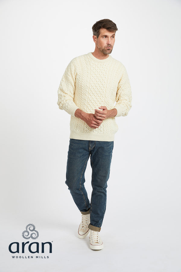 Men's Worsted Wool Crew Neck Sweater by Aran Mills - Cream 