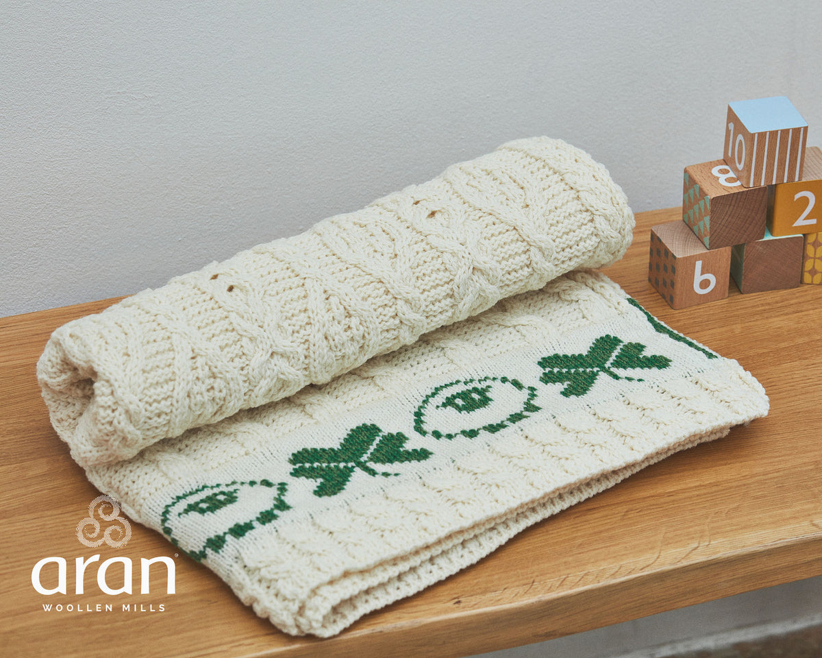 Merino Wool Blanket Cable Pattern with Shamrock/Sheep Design by Aran Mills