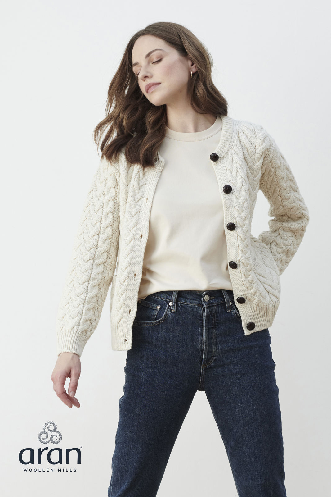 Ladies Supersoft Merino Wool Cable Crew Cardigan by Aran Mills - 3 Colours