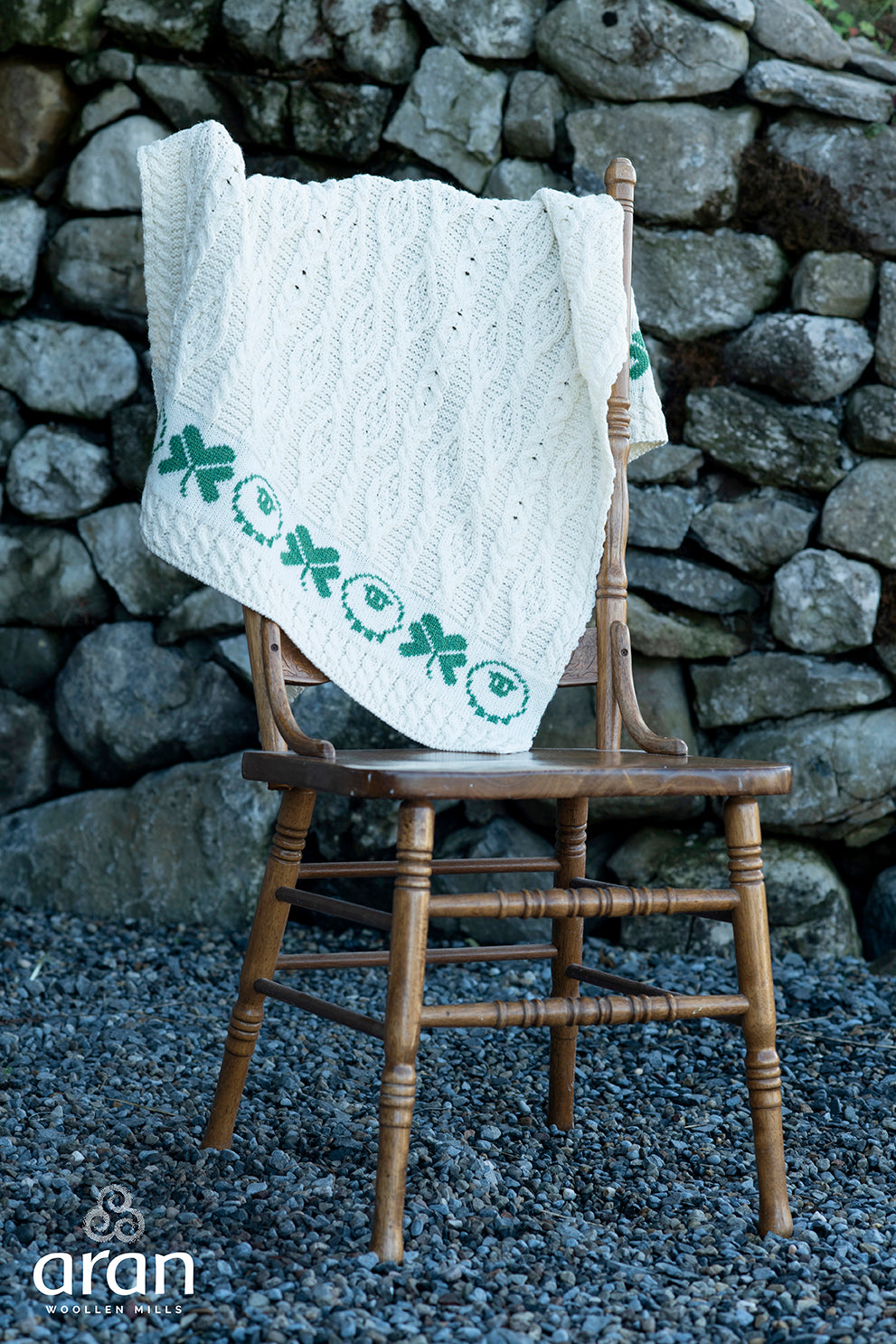 Merino Wool Blanket Cable Pattern with Shamrock/Sheep Design by Aran Mills