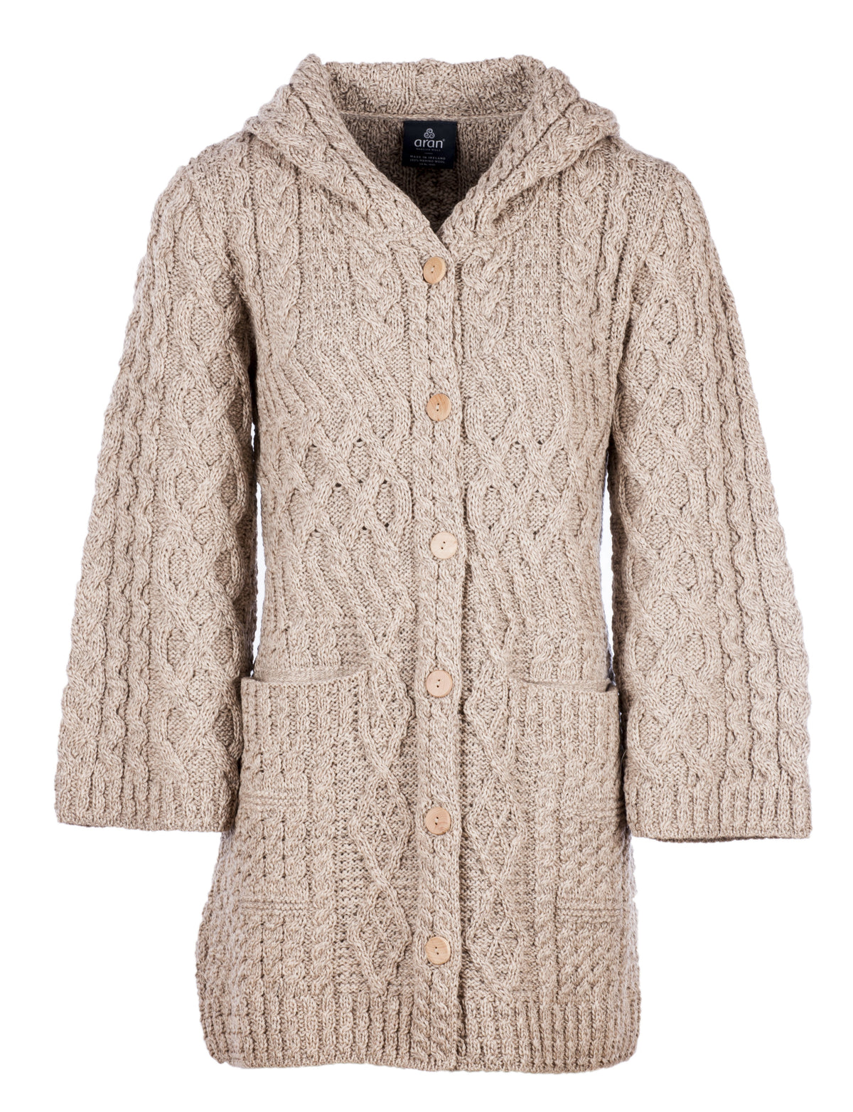 Ladies Long Merino Wool Cardigan with Hood by Aran Mills - 2 Colours