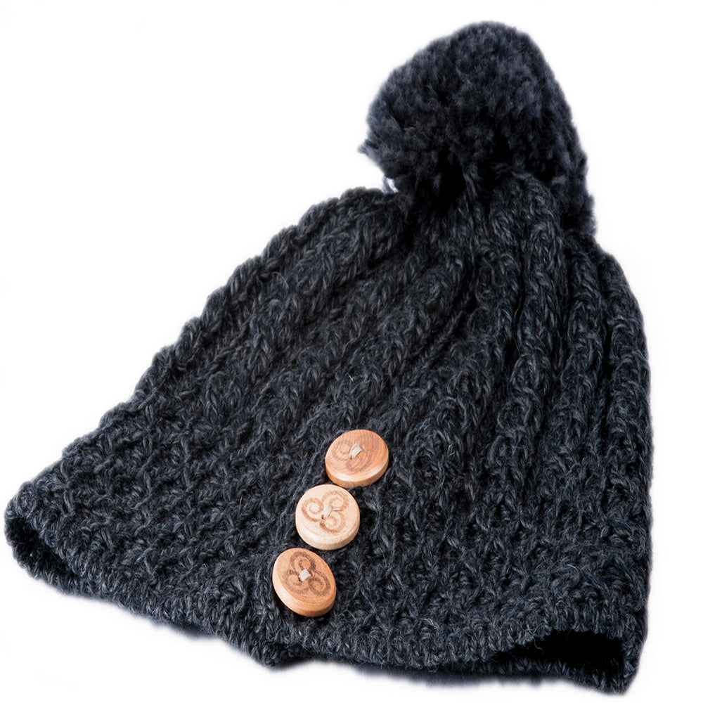 Ladies Merino Wool Button Detail Hat with Bobble by Aran Mills - 9 Colours