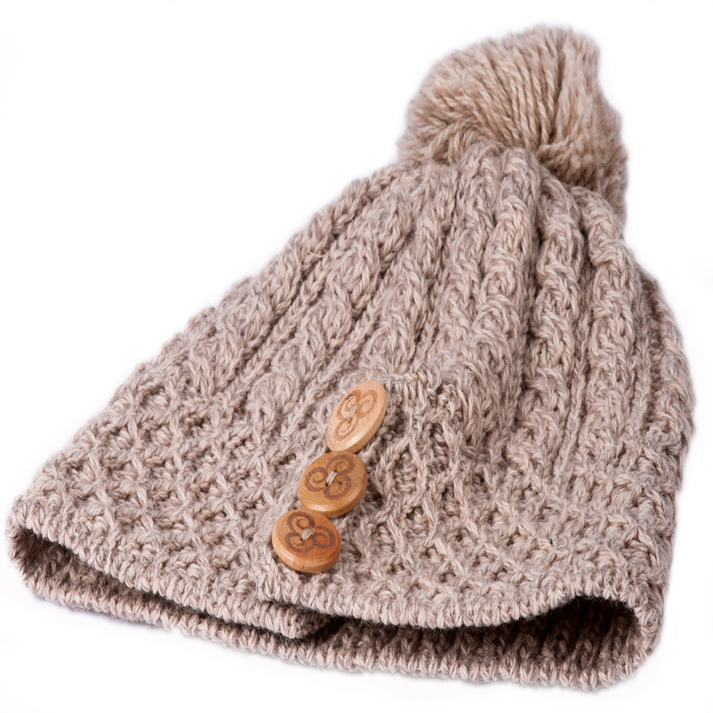 Ladies Merino Wool Button Detail Hat with Bobble by Aran Mills - 9 Colours