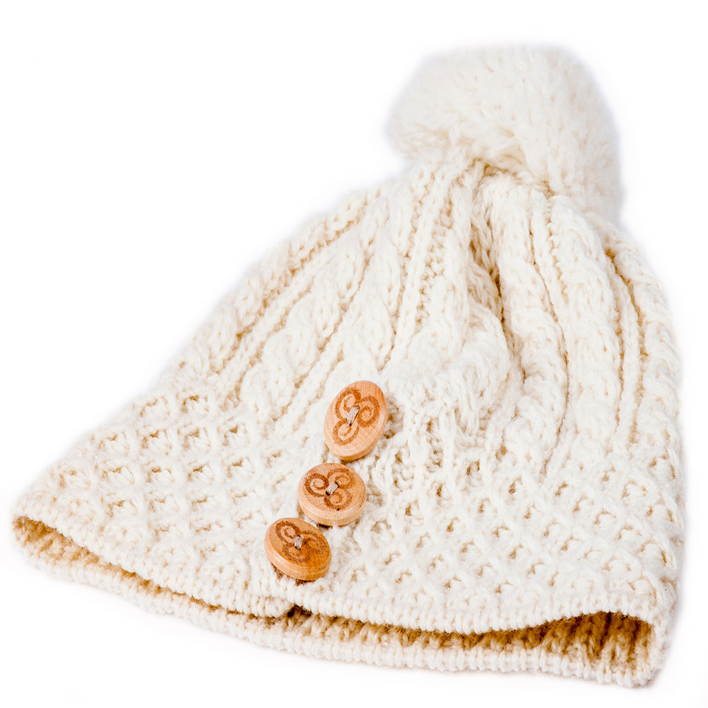 Ladies Merino Wool Button Detail Hat with Bobble by Aran Mills - 9 Colours