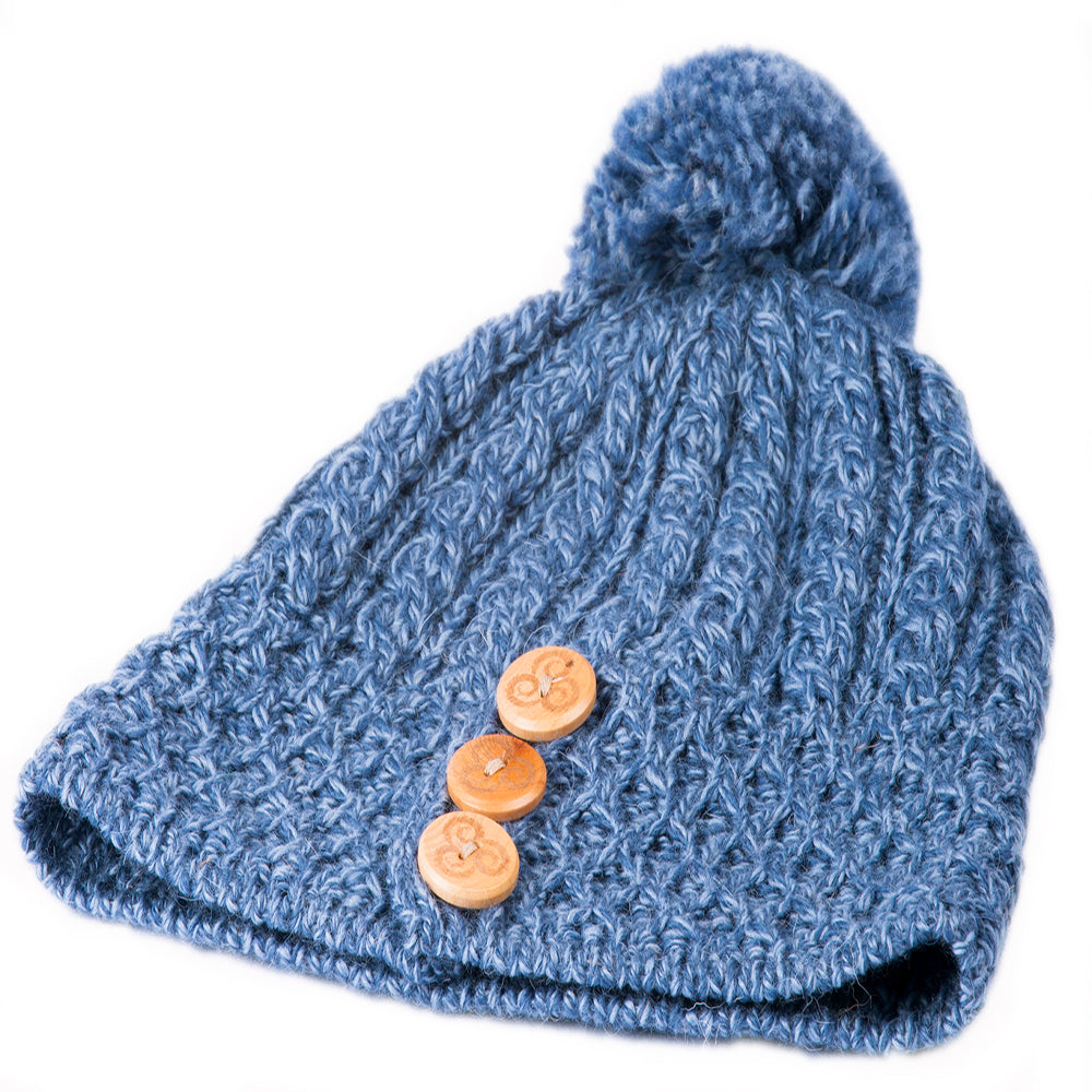 Ladies Merino Wool Button Detail Hat with Bobble by Aran Mills - 9 Colours