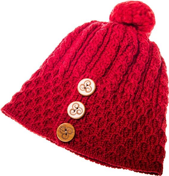 Ladies Merino Wool Button Detail Hat with Bobble by Aran Mills - 9 Colours