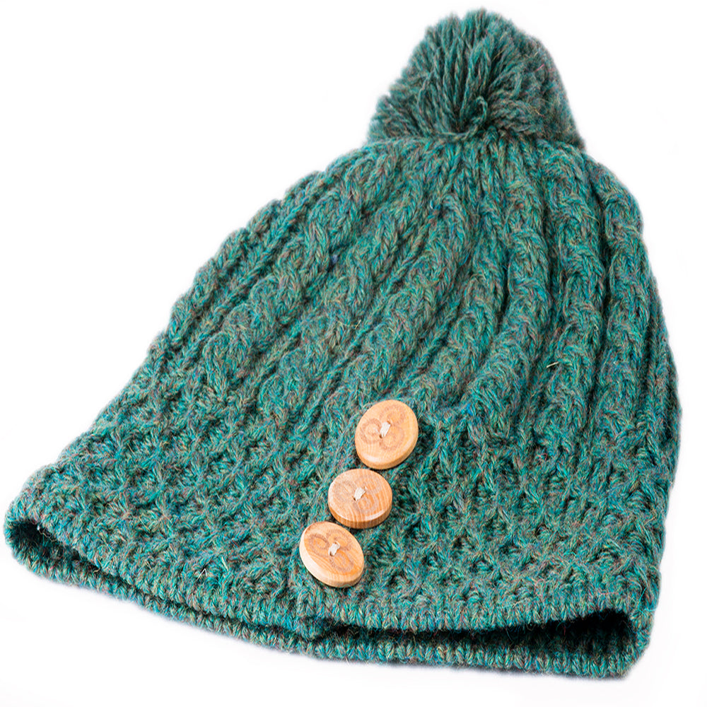 Ladies Merino Wool Button Detail Hat with Bobble by Aran Mills - 9 Colours