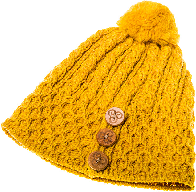 Ladies Merino Wool Button Detail Hat with Bobble by Aran Mills - 9 Colours