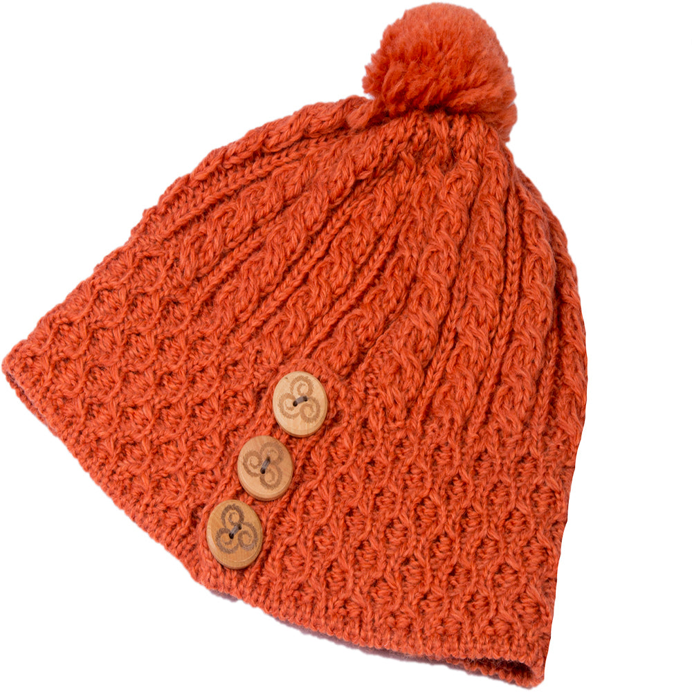 Ladies Merino Wool Button Detail Hat with Bobble by Aran Mills - 9 Colours